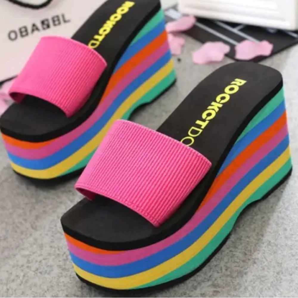 Women rare disco Wedge Heels Platform BOHO Rainbow Sandals hot